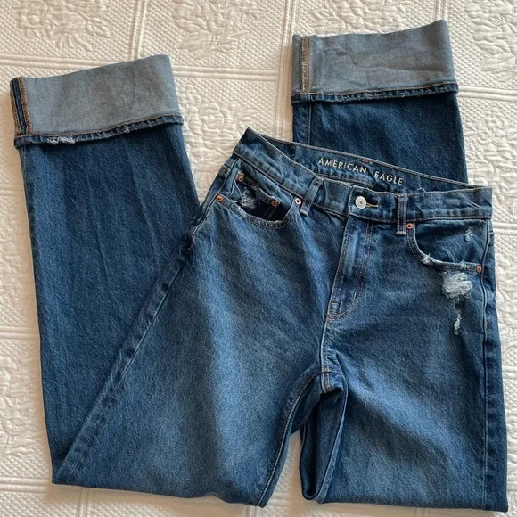 AE Stretch High-Waisted Stovepipe Cuffed Denim Jean Wide Leg Medium Wash 0R - Picture 10 of 16